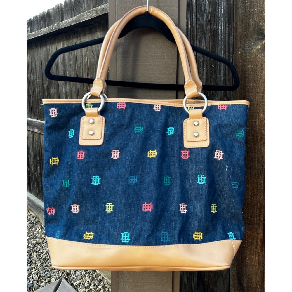 Tommy Hilfiger Denim Tote Bag Embroidered TH Monogram Y2K Blue Tan Purse